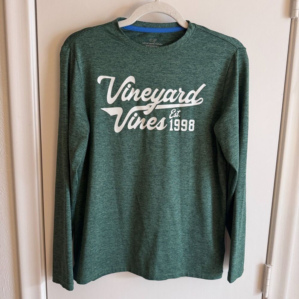 Boys L (16) Vineyard Vines Performance Football Green Long-Sleeve Harbor Tee EUC